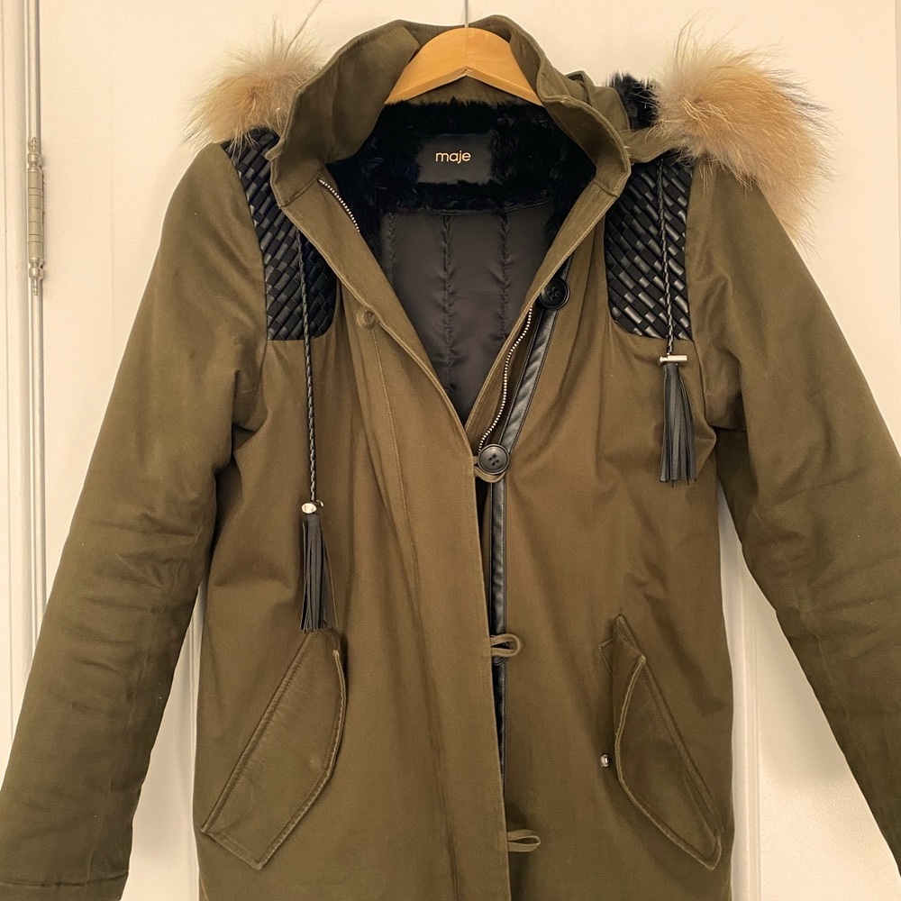 Maje Winter coat with fur trim and leather details